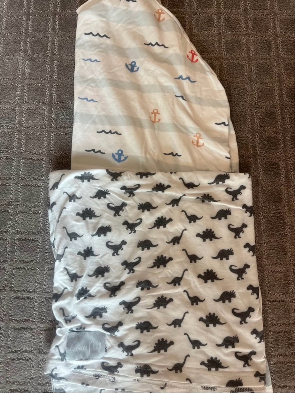 Copper Pearl multi use car seat/nursing covers Navy Anchors and Gray Dinosaurs